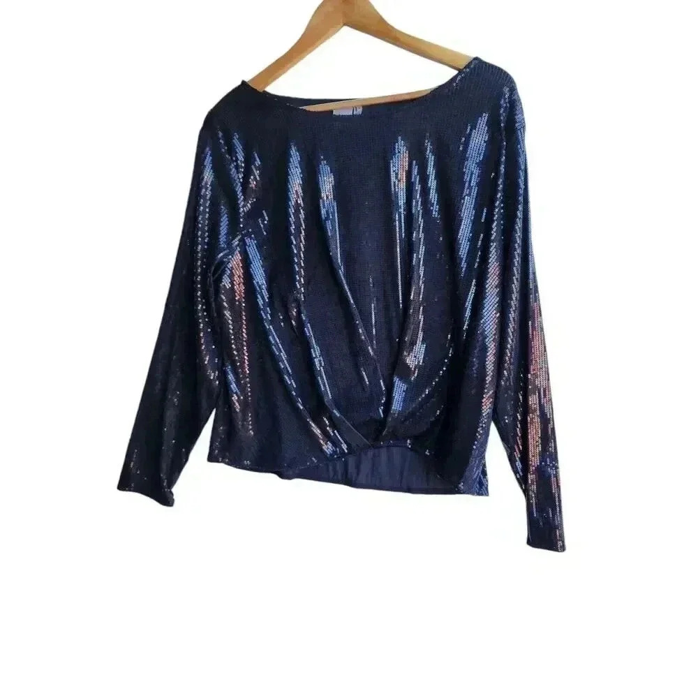 Ichi Black Sequined Long Sleeve Crew Neck Holiday Party Top Size XL